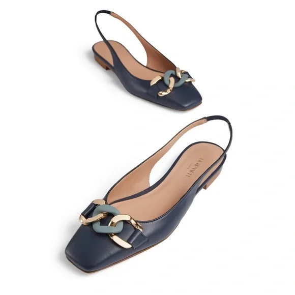 LK Bennett Navy Slingback Flats with Chain Detail - Picture 1 of 8